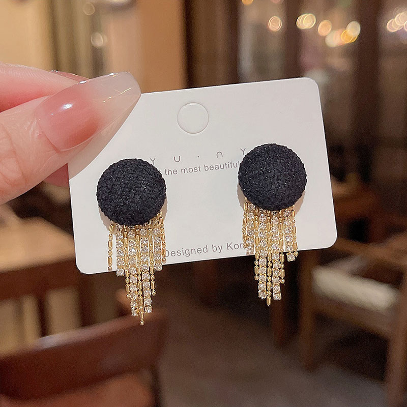 Jarum Perak925 Wanita Panjang Rumbai Stud Earring Hitam Ear Studs