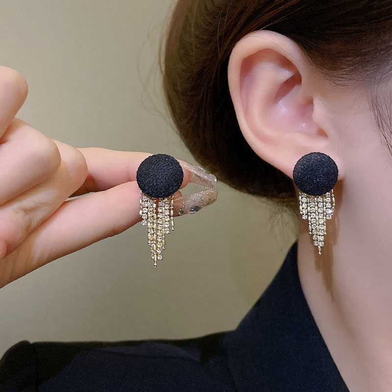 Jarum Perak925 Wanita Panjang Rumbai Stud Earring Hitam Ear Studs