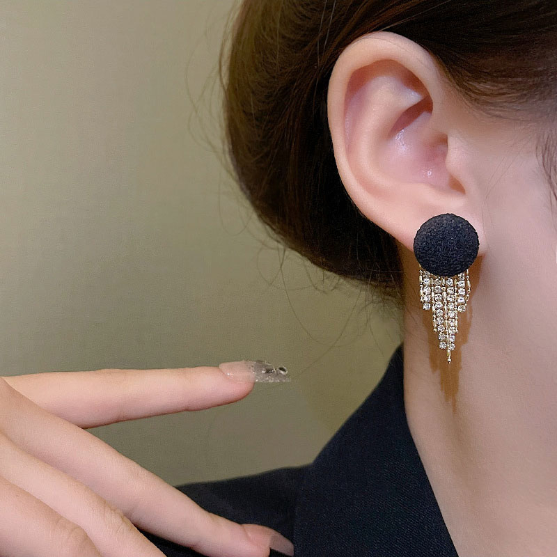 Jarum Perak925 Wanita Panjang Rumbai Stud Earring Hitam Ear Studs