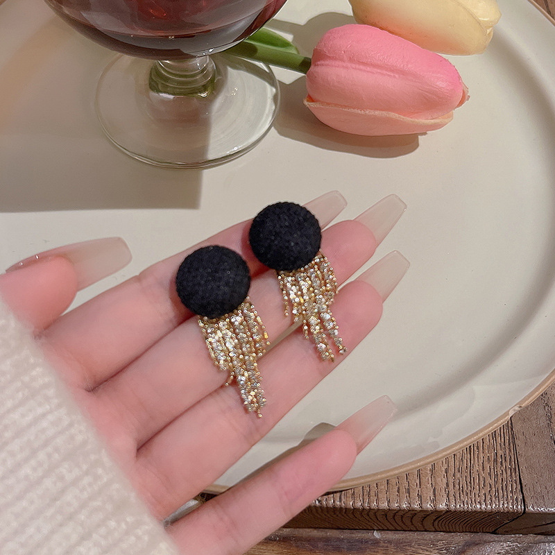 Jarum Perak925 Wanita Panjang Rumbai Stud Earring Hitam Ear Studs