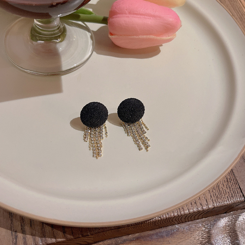 Jarum Perak925 Wanita Panjang Rumbai Stud Earring Hitam Ear Studs