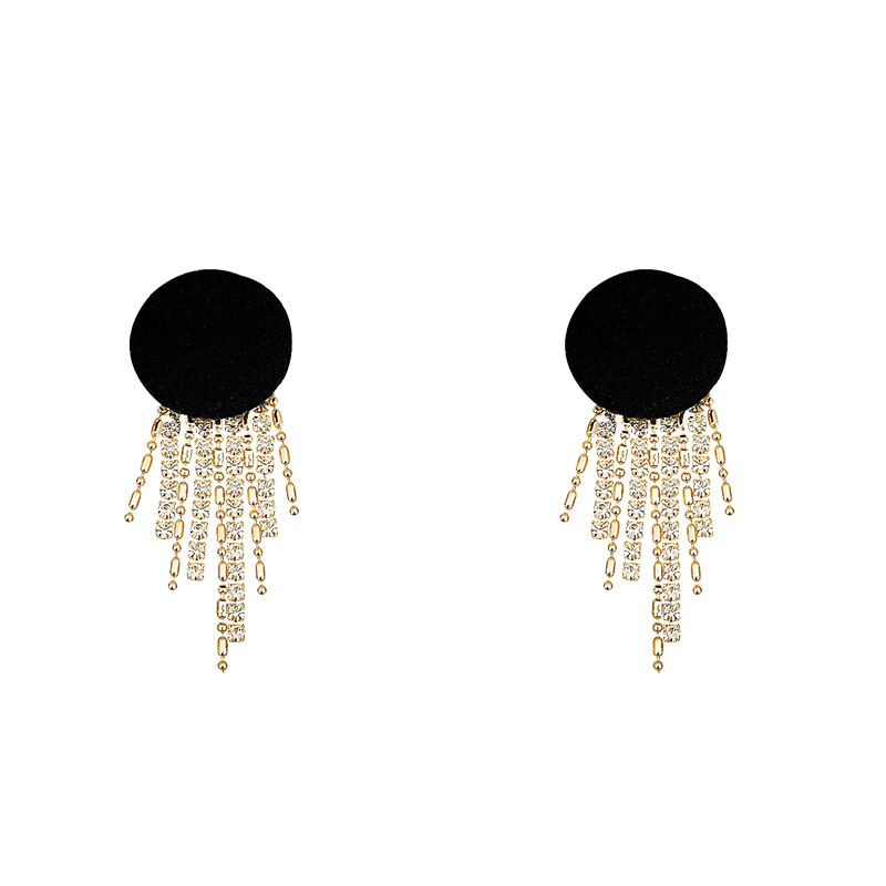 Jarum Perak925 Wanita Panjang Rumbai Stud Earring Hitam Ear Studs