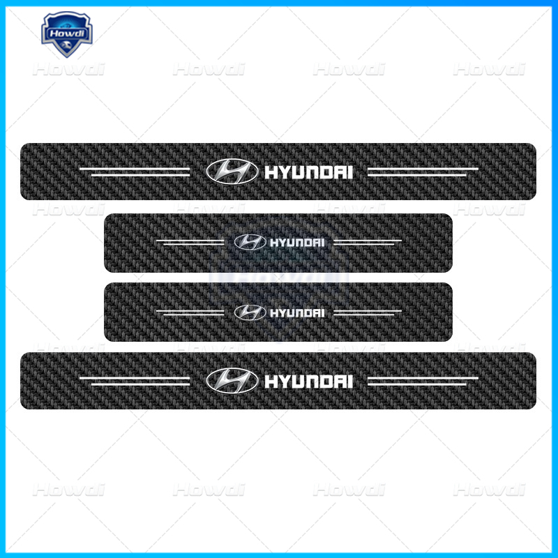 [4pc/Set] Pintu Mobil Side Step Sill Strip Serat Karbon Kulit Anti Gores Pelindung Stiker Fiber Untuk Hyundai