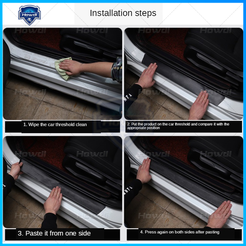 [4pc/Set] Pintu Mobil Side Step Sill Strip Serat Karbon Kulit Anti Gores Pelindung Sticker Fiber