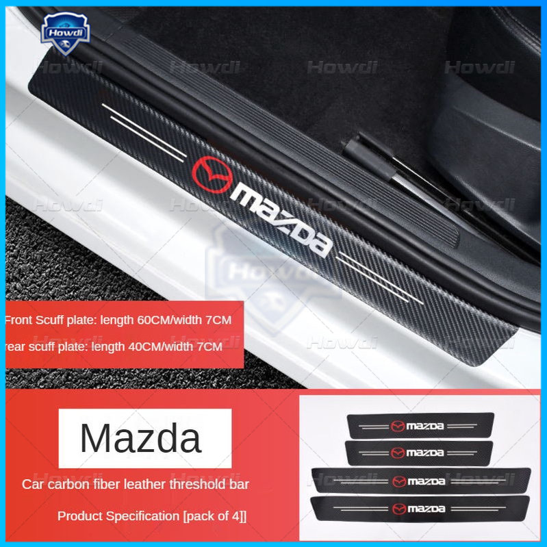 [4pc/Set] Pintu Mobil Side Step Sill Strip Serat Karbon Kulit Anti Gores Pelindung Stiker Fiber Untuk Mazda