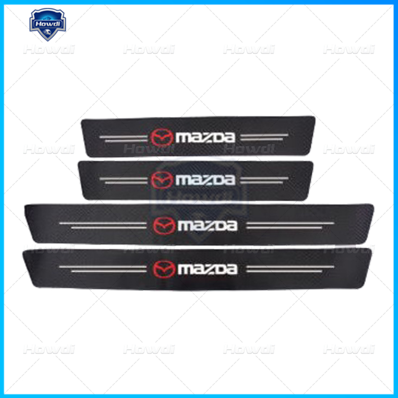 [4pc/Set] Pintu Mobil Side Step Sill Strip Serat Karbon Kulit Anti Gores Pelindung Stiker Fiber Untuk Mazda