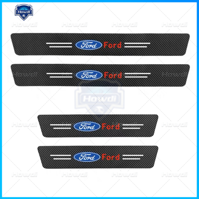 [4pc/Set] Pintu Mobil Side Step Sill Strip Serat Karbon Kulit Anti Gores Pelindung Stiker Fiber Untuk Ford