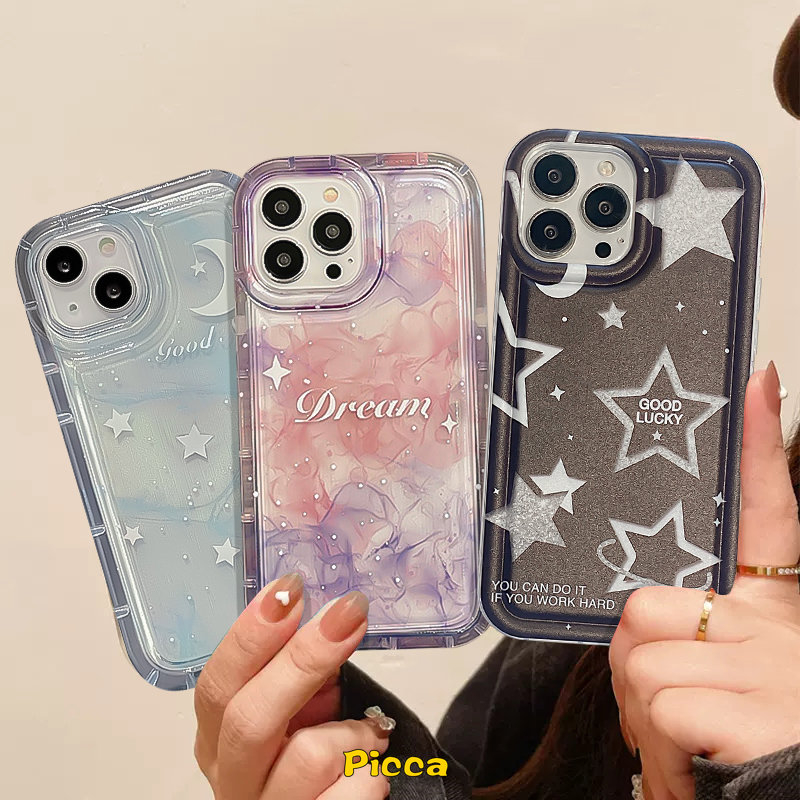 IPHONE Fantasi Tinta Lukisan Langit Berbintang Bintang Bulan Airbag Phone Case Kompatibel Untuk Iphone11 14 13 12 Pro MAX XR 78 6 6S Plus X XS MAX Bening Lembut TPU Shockproof Back Cover