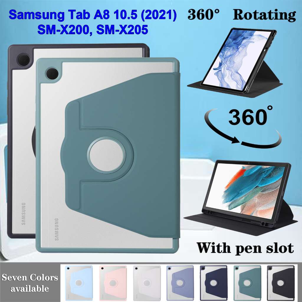 Untuk Samsung Galaxy Tab A8 10.5 (2021) 10.5 &quot;SM-X200 SM-X205 Fashion360° Rotating Stand High End Acrylic Clear Cover Dengan Slot Pulpen Tablet Pelindung Flip Case