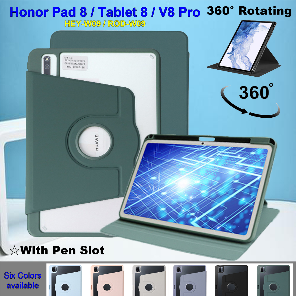 Untuk Honor Pad V8 Pro (2022) 12.1 &quot;ROD-W09 Honor Pad8 (2022) 12.0&quot; HEY-W09 Huawei Tablet 8fashion360° Penutup Bening Akrilik Berputar Dengan Stand Slot Pulpen Tablet Pelindung Flip Case