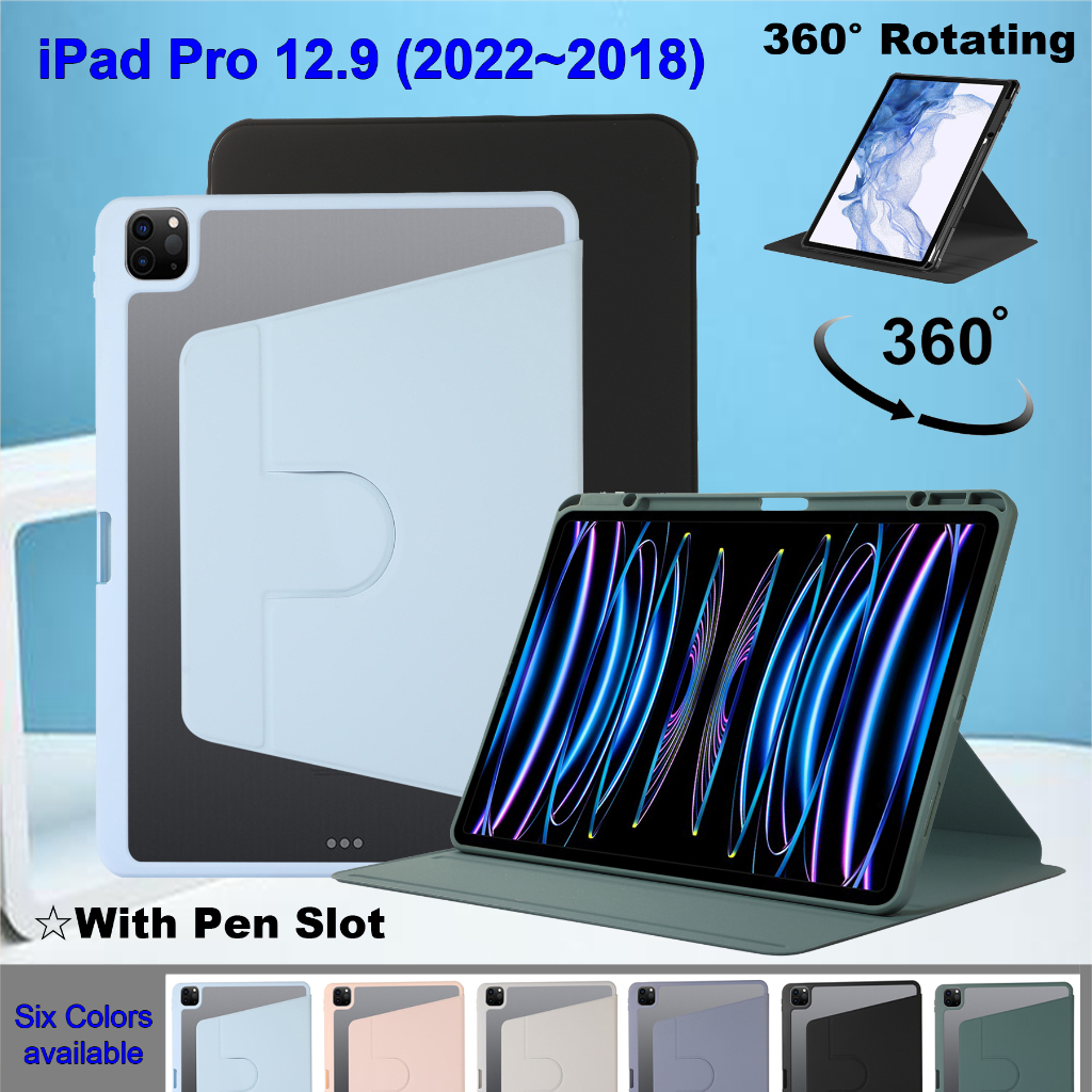 Untuk iPad Pro 12.9 2022 2021 2020 2018 iPad Pro 12.9-inch 5th 4th 3rd generation Fashion360° Penutup Bening Akrilik Berputar Dengan Stand Slot Pulpen Flip Case Pelindung Tablet Mewah