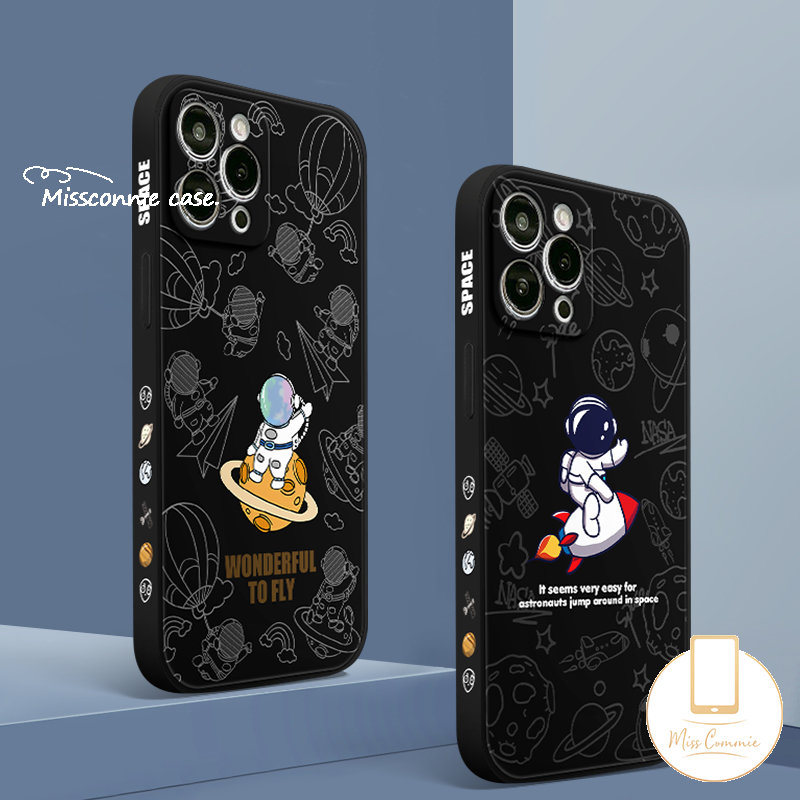 Case Kompatibel Untuk iPhone 11 Pro 11 7 8 6s 6 Plus X XS Max XR SE 2020 11 14 12 13 Pro Max Kartun Lucu Astronot Pola Samping NASA Lembut Tpu Penutup Tepi Lurus