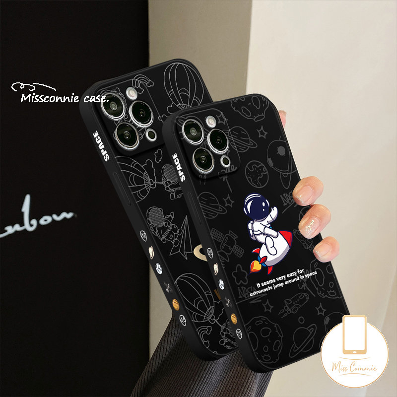 Case Kompatibel Untuk iPhone 11 Pro 11 7 8 6s 6 Plus X XS Max XR SE 2020 11 14 12 13 Pro Max Kartun Lucu Astronot Pola Samping NASA Lembut Tpu Penutup Tepi Lurus