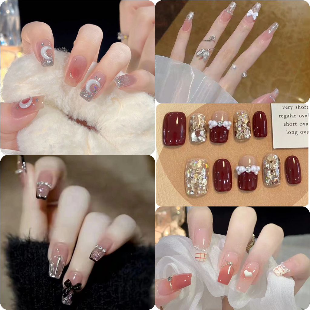 Dome Berlian Berlian Nail Art Selesai Stiker Kuku Palsu Bintang Nail Art Net Merah Wearable Nail Art