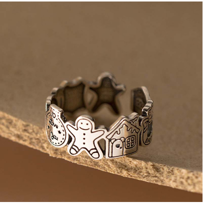 【COD】Cincin Doodle Gingerbread Man Membagi Cincin Perempuan Pembukaan Adjustable Desain Graffiti Gingerbread Man Tidak Luntur