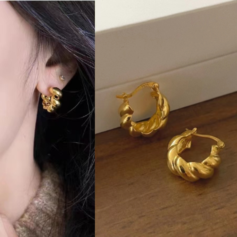 French Croissant Hoop Earrings Ins Anting Lingkaran Salib Logam