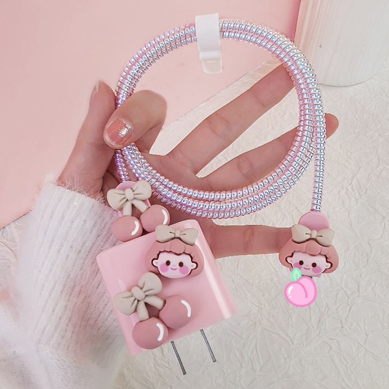 IPHONE Kartun Gadis Cherry Lembut Silikon Ponsel Charger Plug Pelindung Cover Kompatibel Untuk Iphone5 /18/20W Charger Jalur Data Anti Putus Kabel Data Spiral Winder Pelindung Case