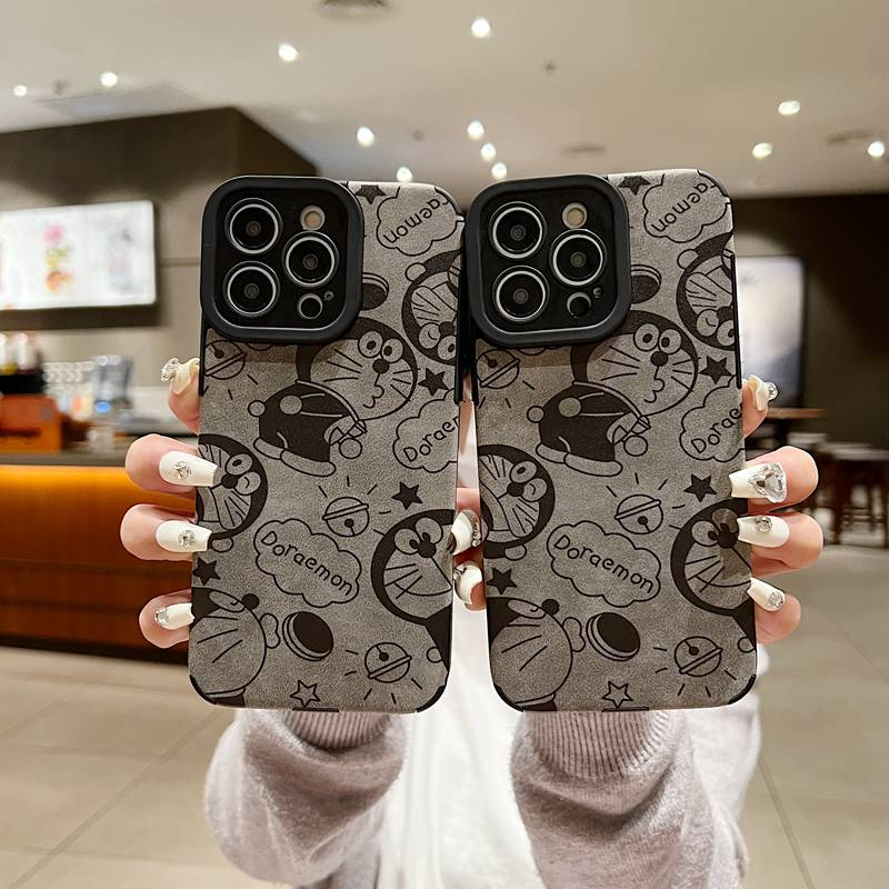 【Lamb Skin】So Cute Gray Grey Doraemon Leather Soft Case for IPhone 7 Plus 8 Plus X XS XR XS Max 11 13 12 14 PRO Max 14 Plus for Men‘s Man's