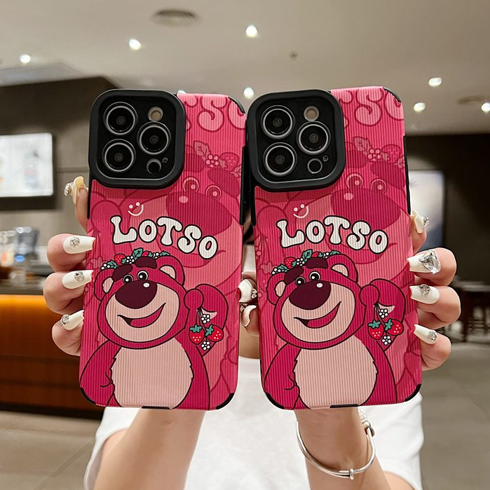 【Lamb Skin】So Cute LOTSO Strawberry Bear Leather Soft Case for IPhone 7 Plus 8 Plus X XS XR XS Max 11 13 12 14 PRO Max 14 Plus for Girl Women's Gift Red