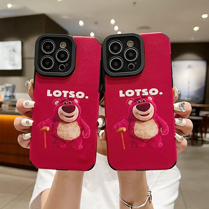 【Lamb Skin】So Cute Strawberry Bear LOTOSO Leather Soft Case for IPhone 7 Plus 8 Plus X XS XR XS Max 11 13 12 14 PRO Max 14 Plus for Girl Women's Gift casing hp Missconnie