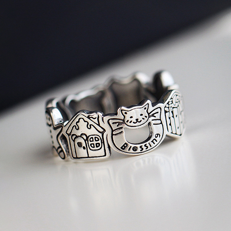 [antop] Tidak Memudar Cincin Perempuan Pembukaan Adjustable Desain Graffiti Gingerbread Man Ring