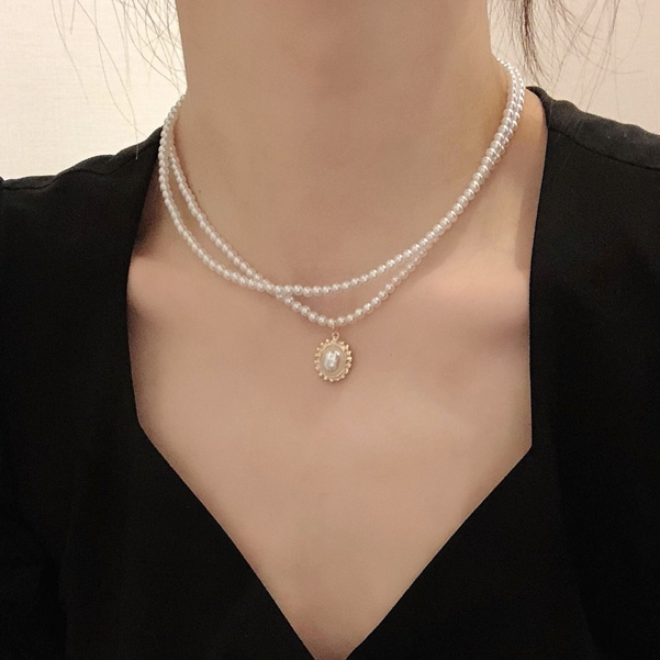 Double-layer Pearl Necklace  Accessories Retro Clavicle Chain Simple