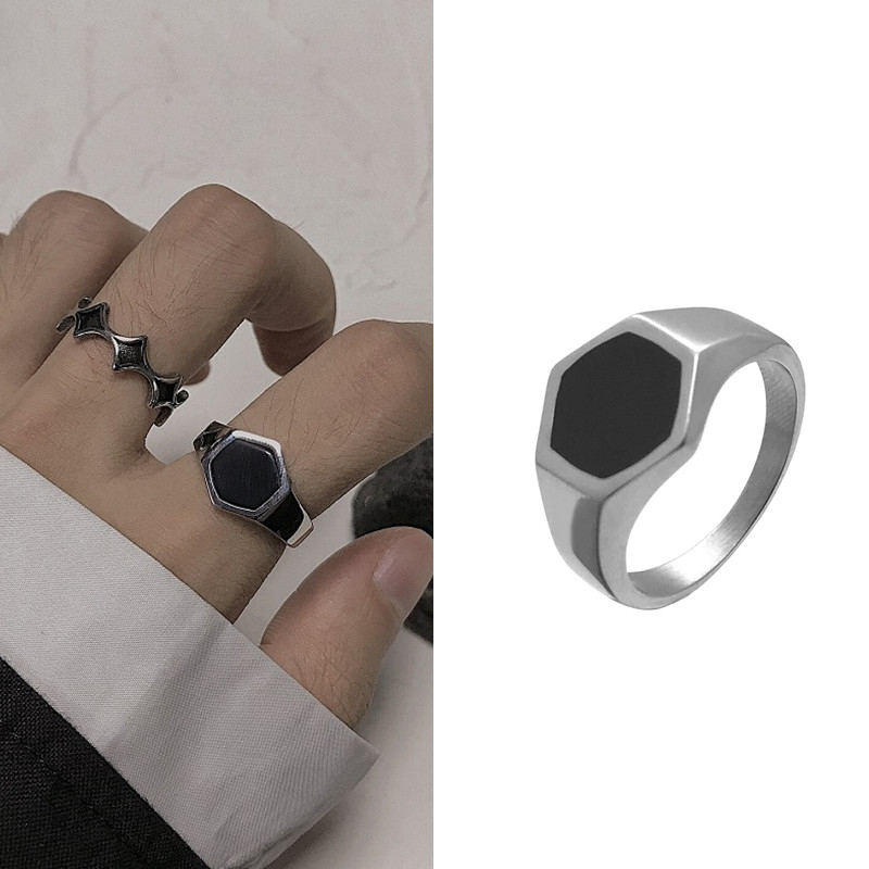 Cincin Heksagonal Warna Hitam Gaya Harajuku