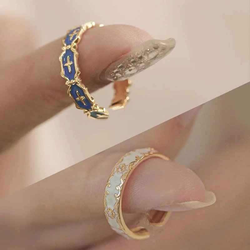 【COD】Cincin Wanita Pola Putih Fashion Vintage Ins Temperamen Korea Cincin Silang Biru