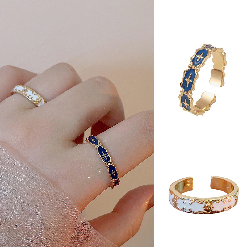 【COD】Cincin Wanita Pola Putih Fashion Vintage Ins Temperamen Korea Cincin Silang Biru