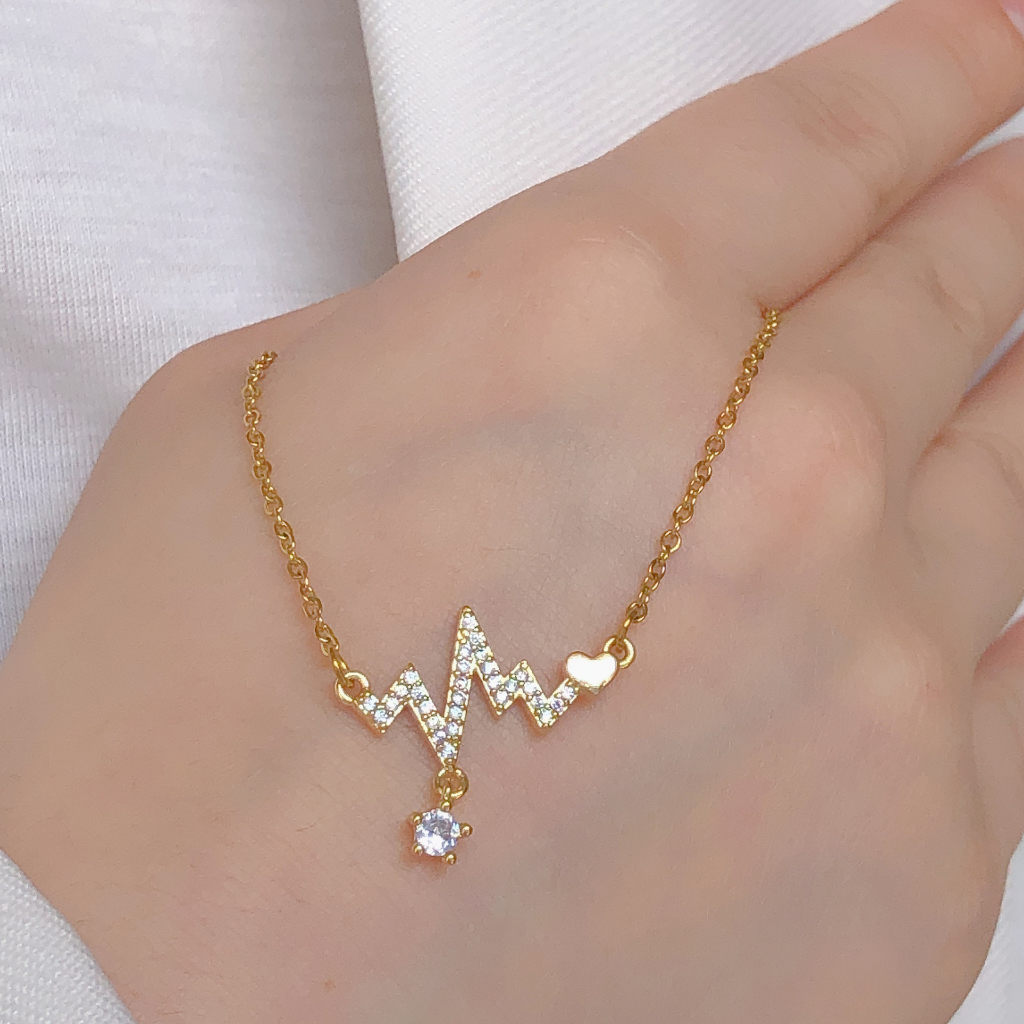 Rinhoo18 K Emas electrocardiogram Berlian Liontin Dengan Tulang Selangka Rantai Kalung Untuk fashion Wanita titanium steel necklace pendant