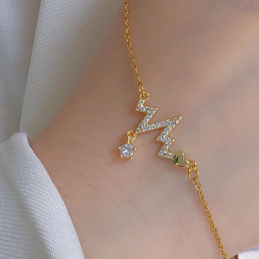 Rinhoo18 K Emas electrocardiogram Berlian Liontin Dengan Tulang Selangka Rantai Kalung Untuk fashion Wanita titanium steel necklace pendant