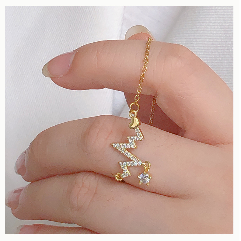 Rinhoo18 K Emas electrocardiogram Berlian Liontin Dengan Tulang Selangka Rantai Kalung Untuk fashion Wanita titanium steel necklace pendant