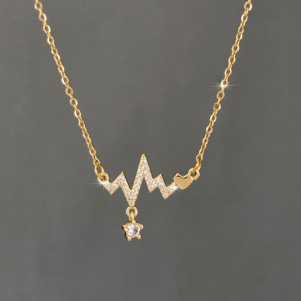 Rinhoo18 K Emas electrocardiogram Berlian Liontin Dengan Tulang Selangka Rantai Kalung Untuk fashion Wanita titanium steel necklace pendant