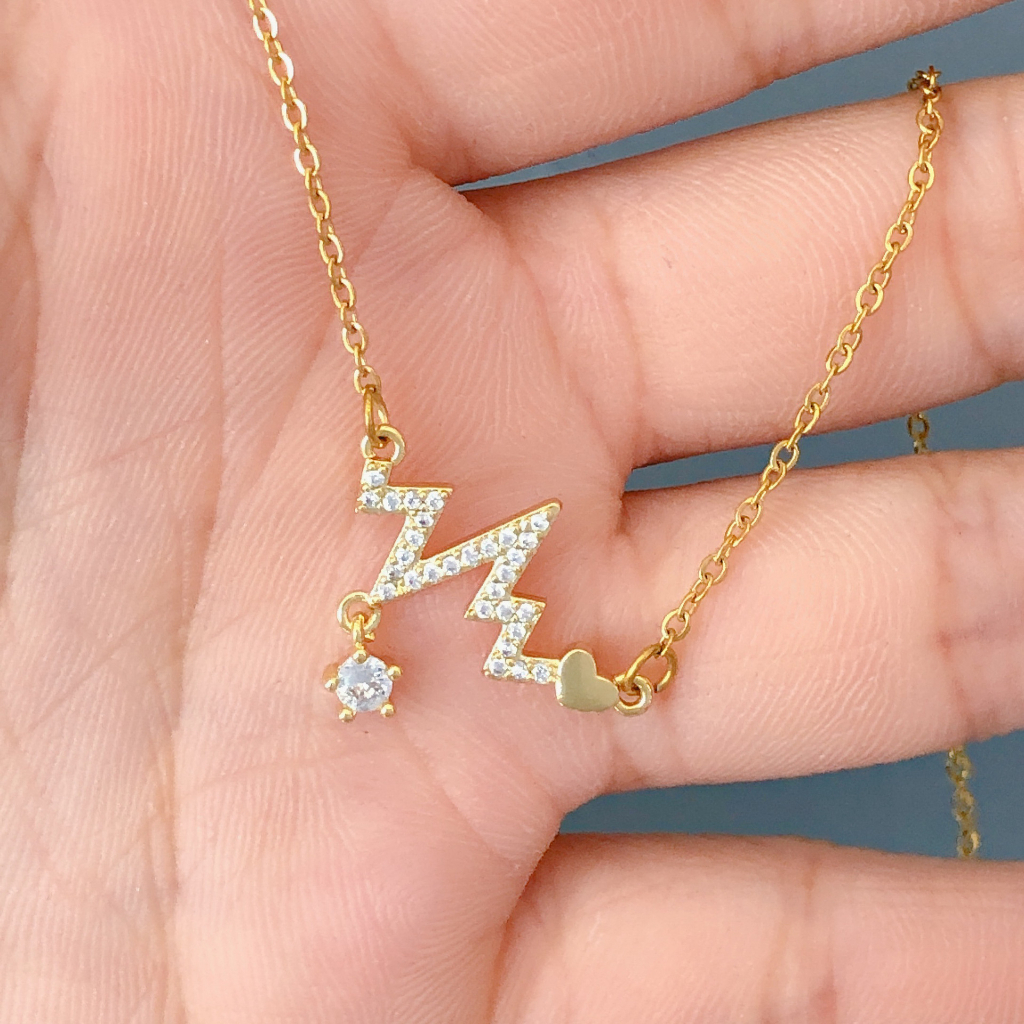 Rinhoo18 K Emas electrocardiogram Berlian Liontin Dengan Tulang Selangka Rantai Kalung Untuk fashion Wanita titanium steel necklace pendant