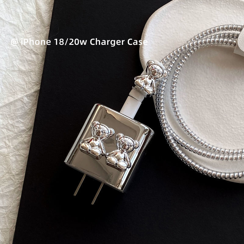 IPHONE Casing Pelindung Charger Beruang Silver Untuk Iphone14Per13 /12Cas Pelindung Case Pembungkus Kabel Data18 /20w