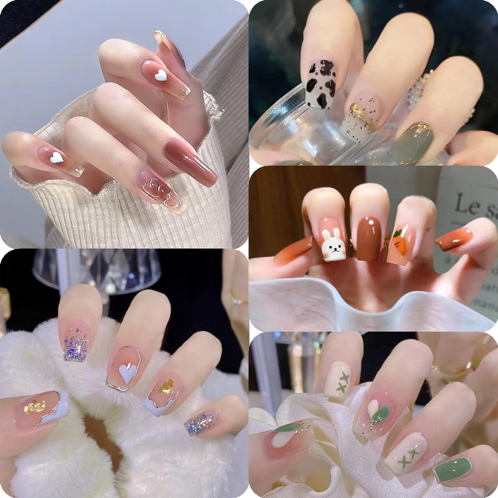 24 PCS Kuku Palsu/Marble ash Snoopy Gradien Strawberry Potongan Kuku Palsu R Tips Kuku Palsu Christmas