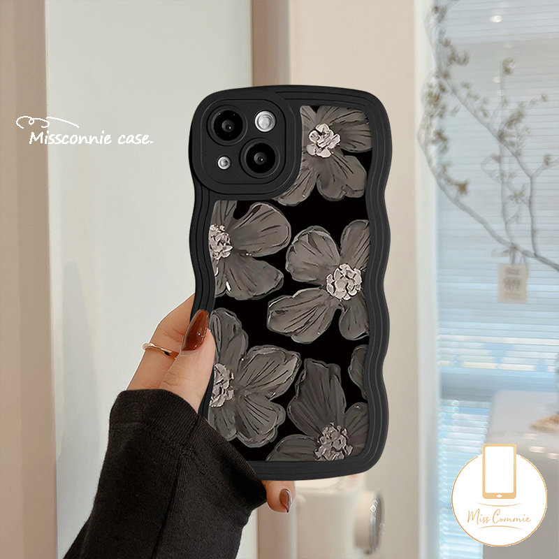 IPHONE Casing Bunga Tepi Bergelombang Kompatibel Untuk Iphone7 14 8 6 6s Plus 11 14 12 13 Pro Max X 7Plus XR XS Max SE 2020 Lukisan Minyak Keberuntungan Tulip Bunga Biru Soft Tpu Phone Cover