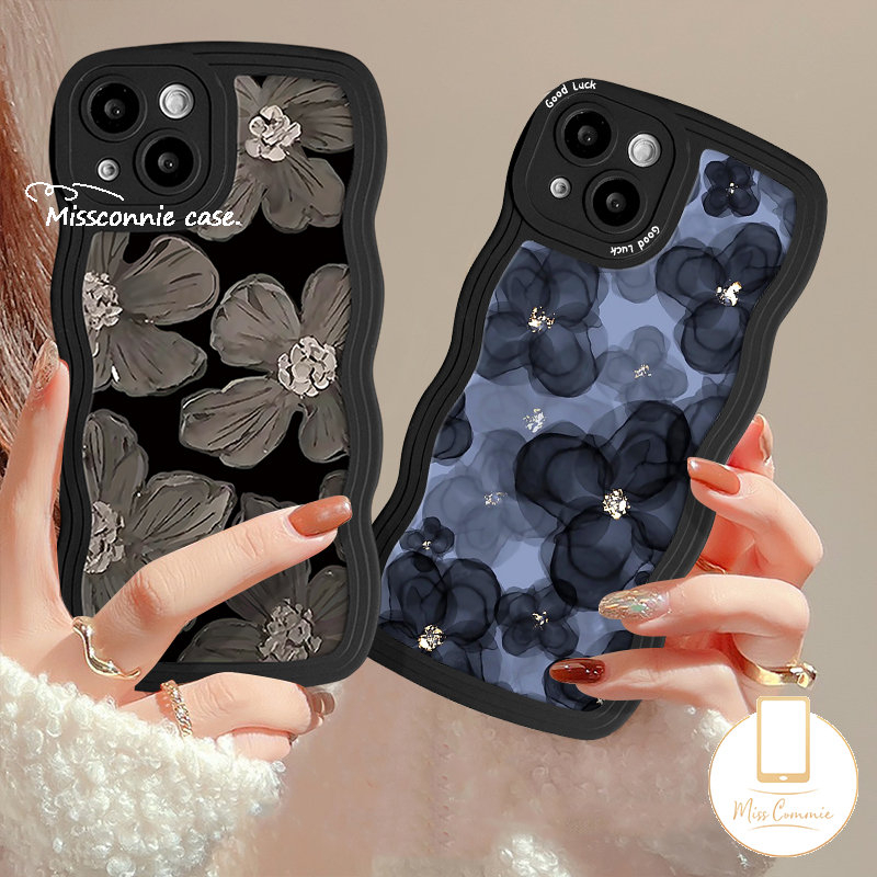 IPHONE Casing Bunga Tepi Bergelombang Kompatibel Untuk Iphone7 14 8 6 6s Plus 11 14 12 13 Pro Max X 7Plus XR XS Max SE 2020 Lukisan Minyak Keberuntungan Tulip Bunga Biru Soft Tpu Phone Cover