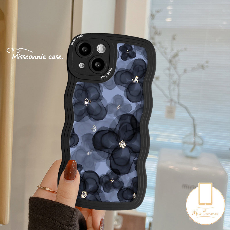 IPHONE Casing Bunga Tepi Bergelombang Kompatibel Untuk Iphone7 14 8 6 6s Plus 11 14 12 13 Pro Max X 7Plus XR XS Max SE 2020 Lukisan Minyak Keberuntungan Tulip Bunga Biru Soft Tpu Phone Cover