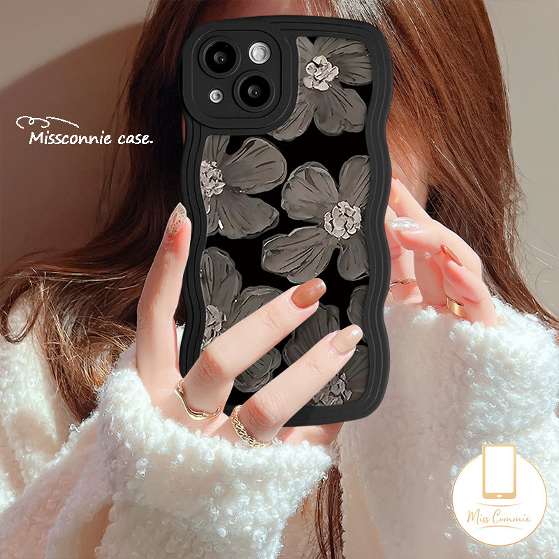 IPHONE Casing Bunga Tepi Bergelombang Kompatibel Untuk Iphone7 14 8 6 6s Plus 11 14 12 13 Pro Max X 7Plus XR XS Max SE 2020 Lukisan Minyak Keberuntungan Tulip Bunga Biru Soft Tpu Phone Cover