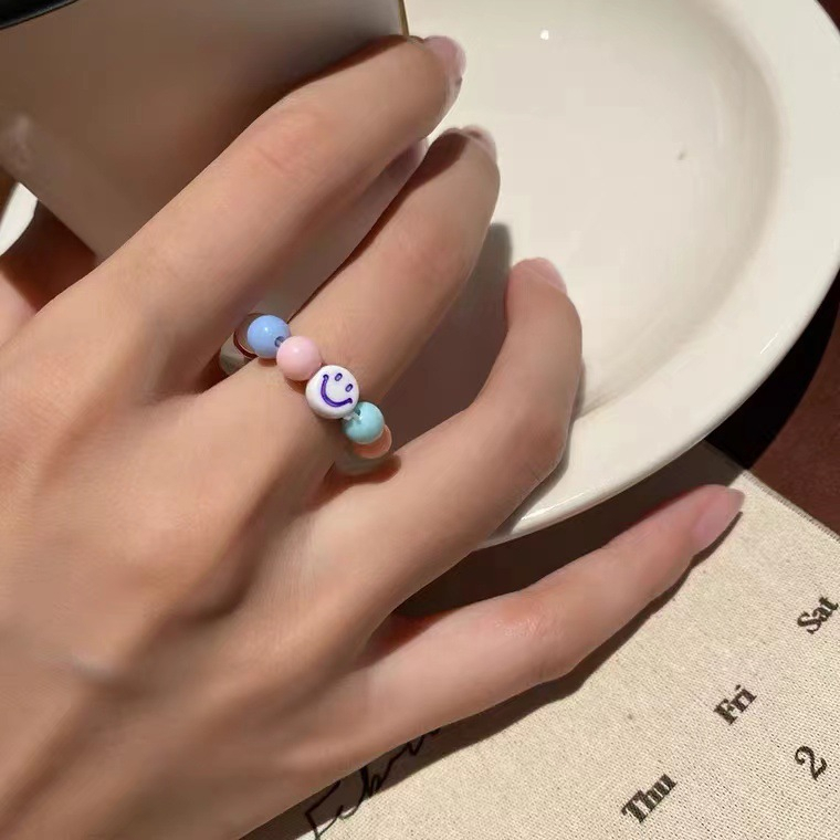 Cincin Manik-Manik Buatan Tangan Korea Smiley Face Ring Elastis Adjustable Jari Telunjuk Ring