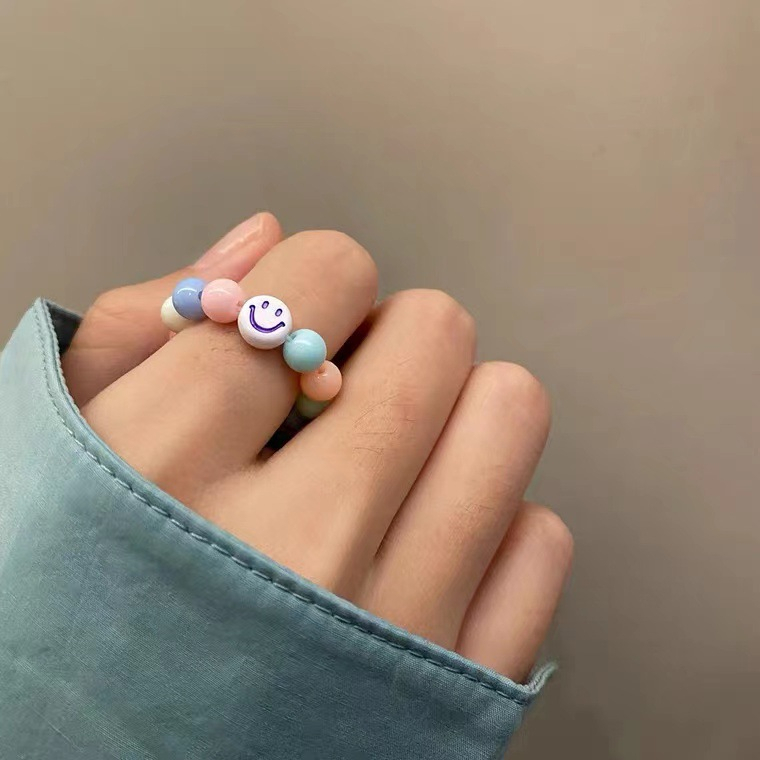 Cincin Manik-Manik Buatan Tangan Korea Smiley Face Ring Elastis Adjustable Jari Telunjuk Ring