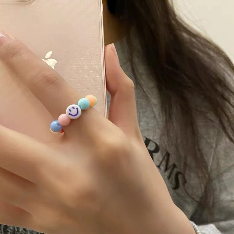 Cincin Manik-Manik Buatan Tangan Korea Smiley Face Ring Elastis Adjustable Jari Telunjuk Ring