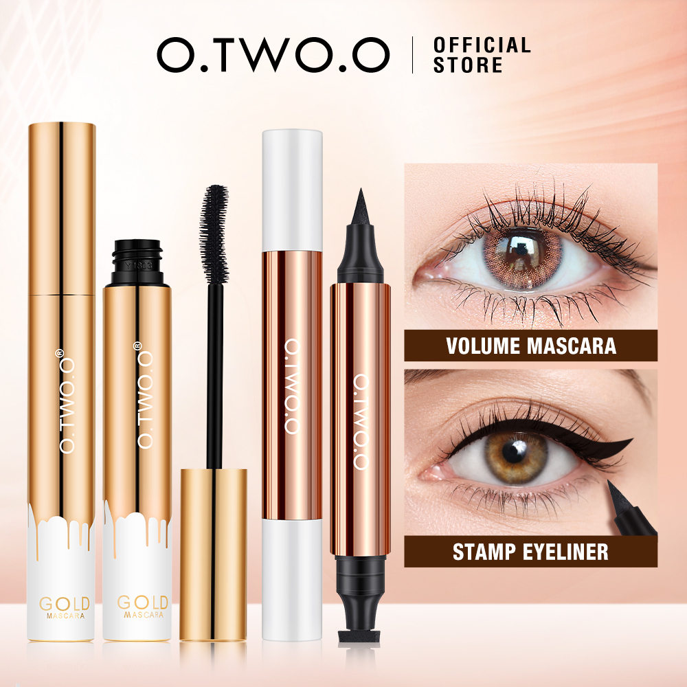 O.TWO.O 2pcs/set Mascara Waterproof Long Lasting + 2 In 1 Stamp Eyeliner Eye Makeup Set
