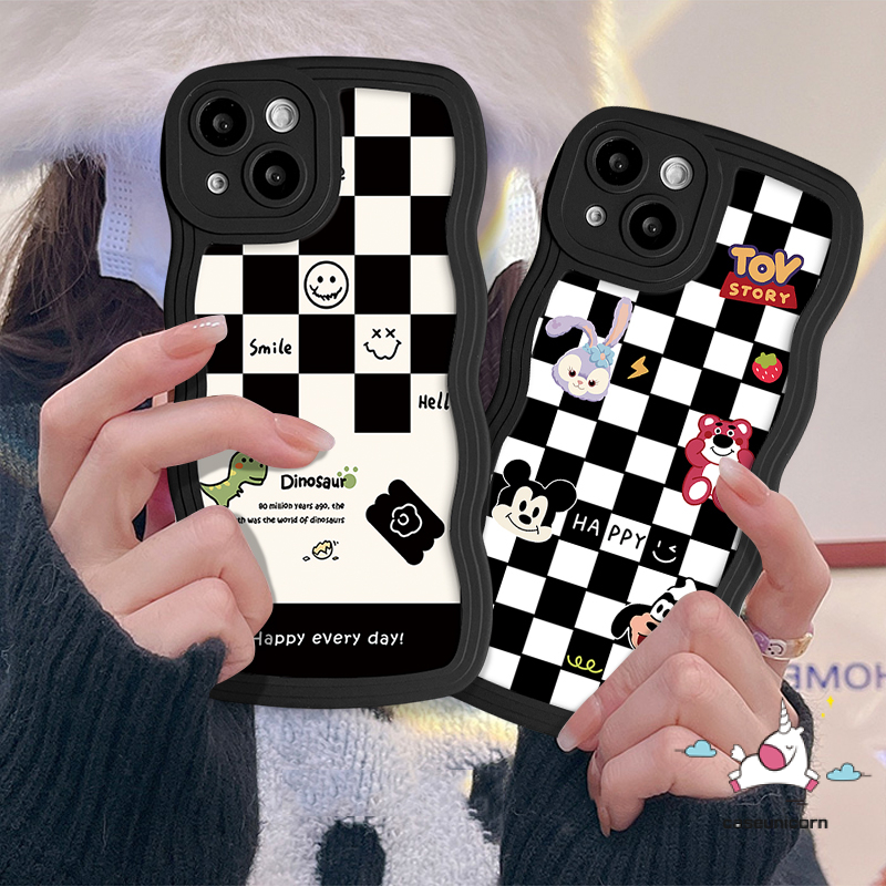 Untuk Samsung A14 A04s A50 A50s A12 A13 A23 A04E A04 A03s A31 A32 A21s A53 A52 A11 A22 A52s A51 A33 A02s A30s A20 Papan Catur Smiley Lucu Kartun Dinosaurus Wavy Edge Soft Case