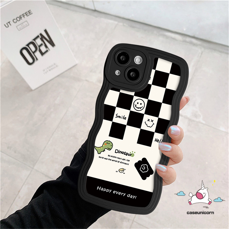 Casing Realme C33 C55 C53 C21Y C12 10 C15 C25 C11 C30 9 9Pro+9i C25s 8i 5 6i 8 8Pro C25Y C17 C20 C20A C3 7i 5i 7papan Catur Lucu Smiley Kartun Dinosaurus Soft Wavy Edge Case