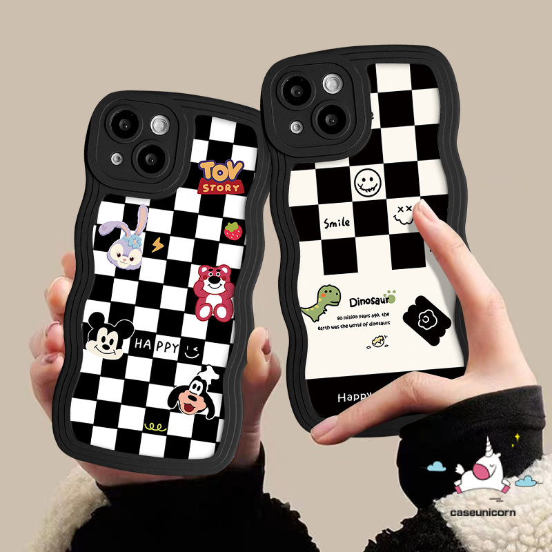 IPHONE Casing Ponsel Papan Catur Kompatibel Untuk Iphone11 14 13 12 Pro Max XR 6 6s 8 7 Plus X XS Max SE 2020 14 Plus Tepi Bergelombang Kartun Dinosaurus Smiley Lucu Lembut TPU Penutup Belakang Shell