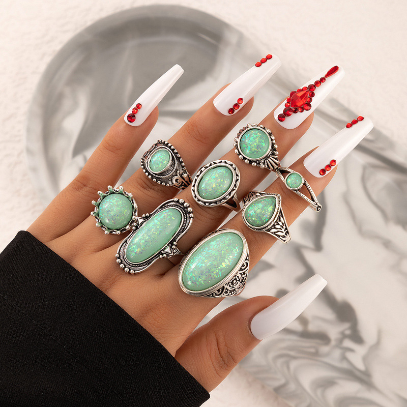 8pcs/set Cincin Kepribadian Vintage Baru Unisex Berlebihan Imitasi Opal Oval Charms Hadiah Jewlery Jari