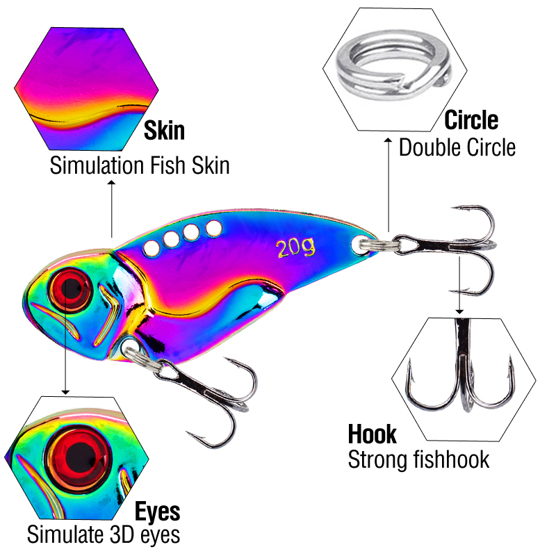 5g 7g 10g 15g 20g Sendok Pancing Umpan Logam Warna-Warni VIB Tenggelam Jig 3D Mata Sendok Spinner Umpan Keras Dengan Kait Treble Ganda