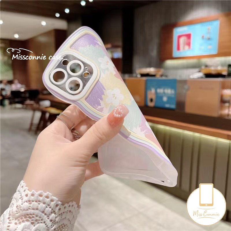 IPHONE Case Kompatibel Untuk Iphone11 12 13 14 Pro Max7 8 Plus XR 6 6s 14Plus X XS MAX SE 2020pinggiran Bergelombang Shockproof Fantasi Lukisan Minyak Bunga Lembut TPU Penutup Belakang